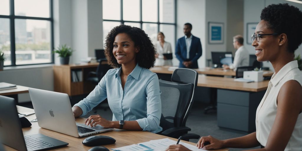 AI receptionist with diverse professionals in office