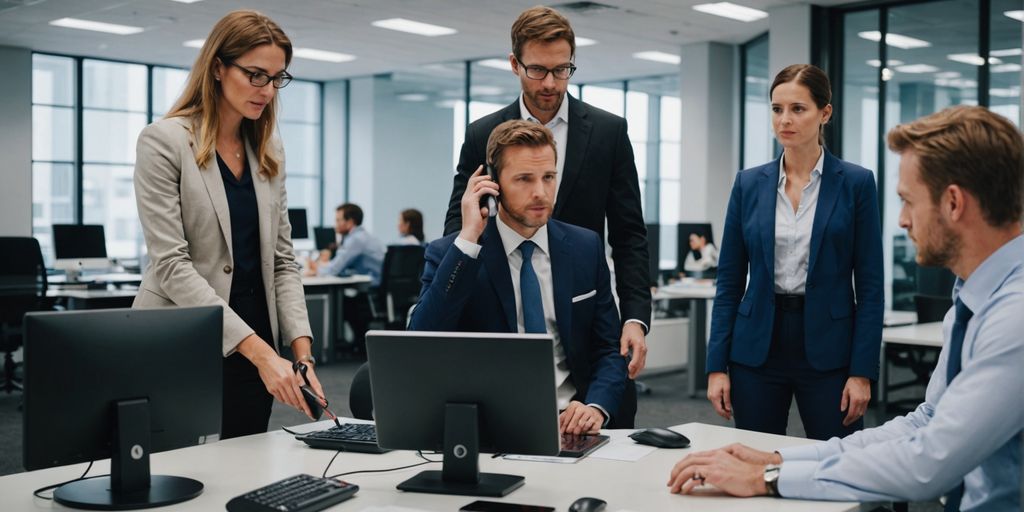 Business professionals discussing automated phone systems