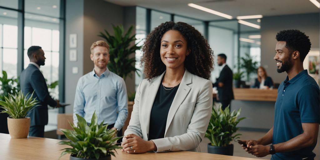 AI receptionist greeting diverse group in office lobby