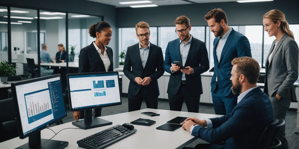 Team discussing AI phone systems in office.