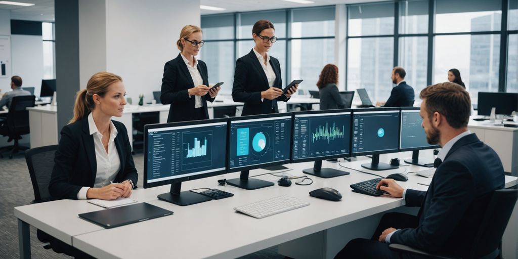 Professionals discussing automated phone systems in a modern office.
