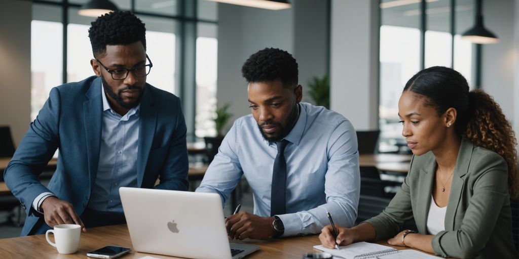 Business meeting discussing technology solutions