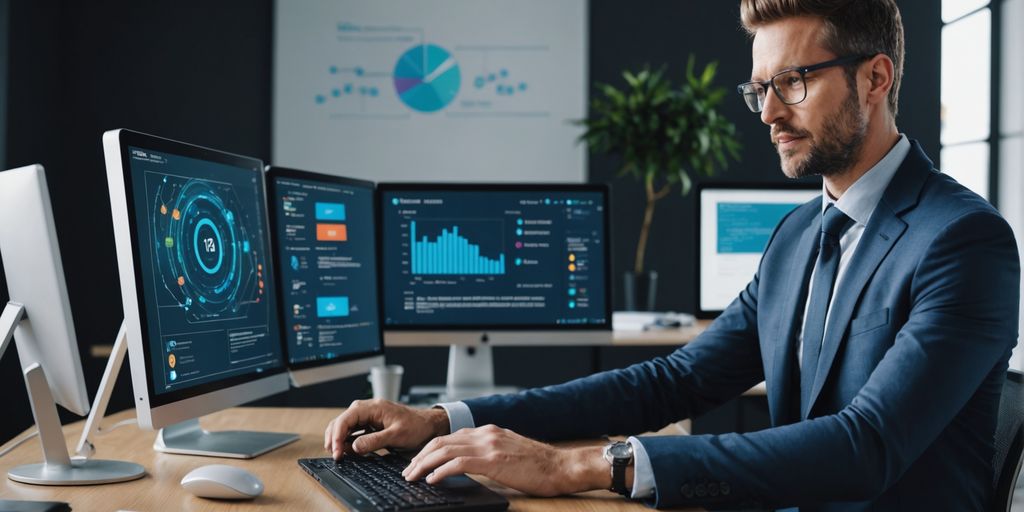 Professional using AI tools on a computer.