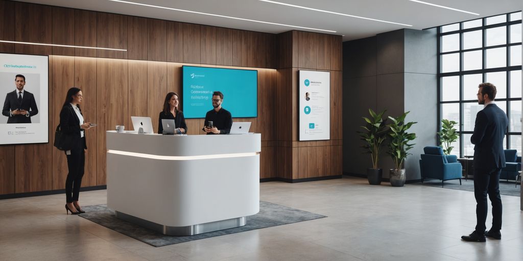 AI receptionist in a modern office lobby