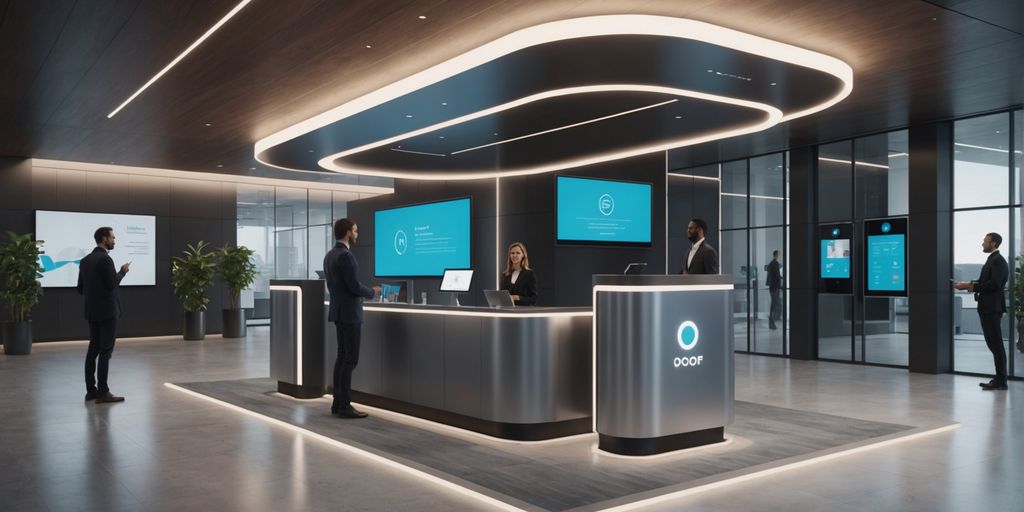 AI receptionist in a modern office lobby