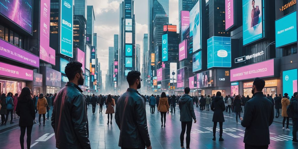 People using AI holographic greetings in a futuristic city.