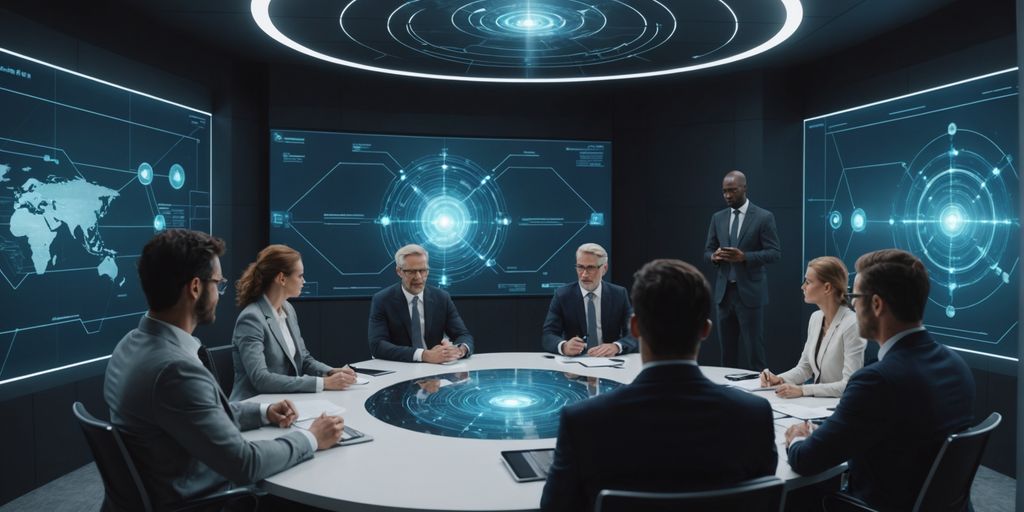 Professionals in a meeting with an AI hologram.