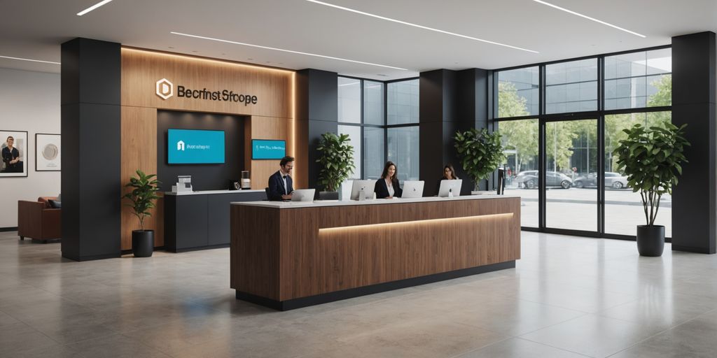 AI receptionist kiosk in a modern office lobby