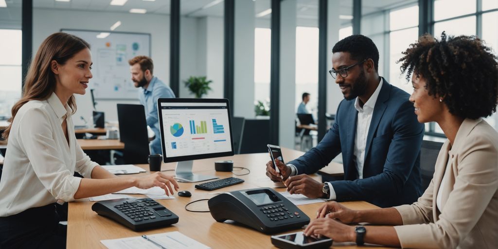 Professionals in office with AI phone system.