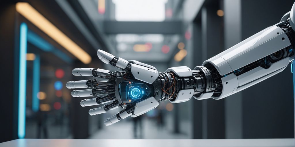 Robot offering handshake with holographic barrier