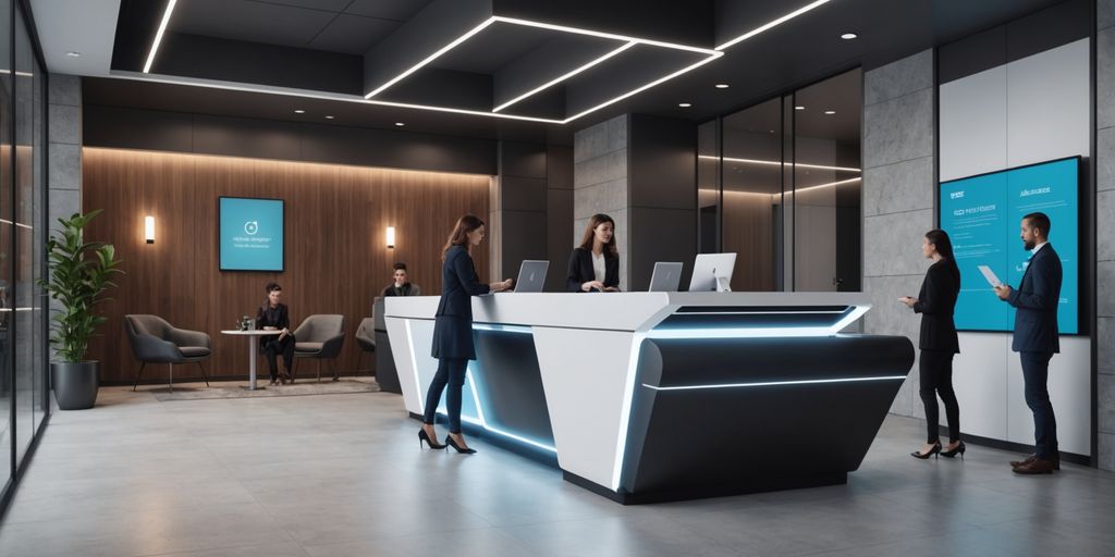 AI receptionist in a modern office lobby