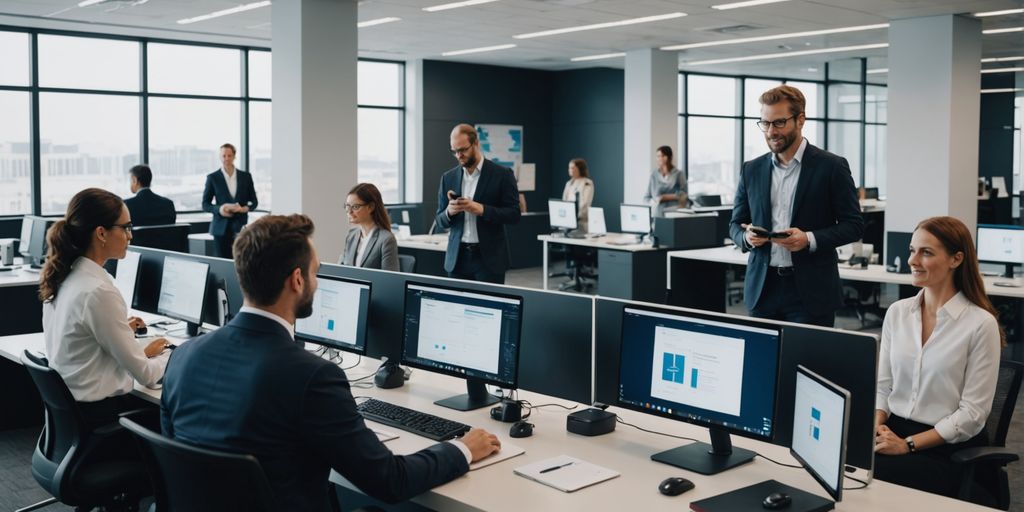 Professionals using AI phone systems in a modern office