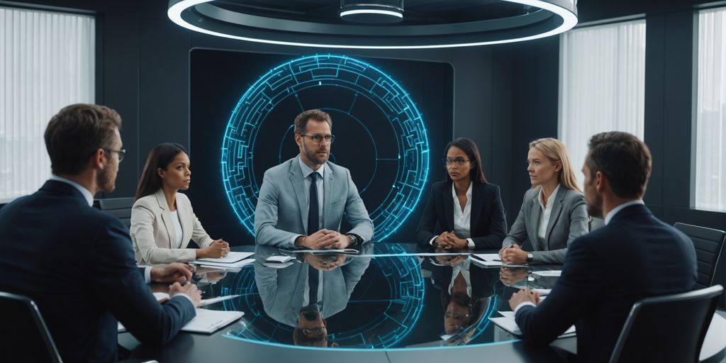 Business meeting with AI hologram.