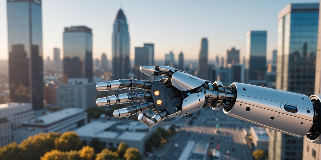 Robot extending hand for handshake with human.