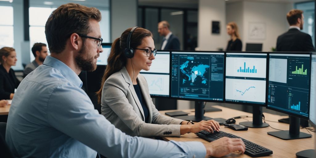 Team collaborating on AI call handling solutions.