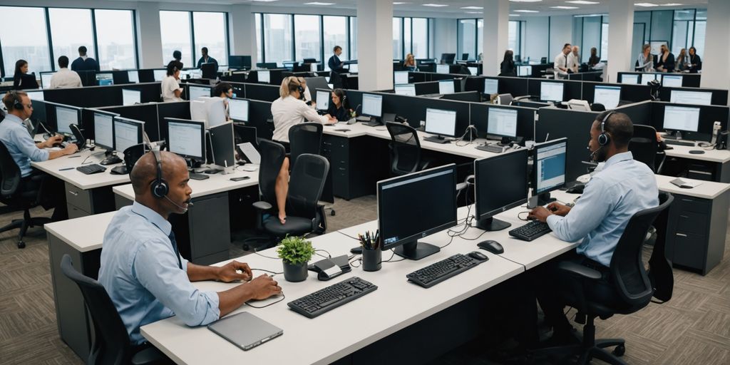 Call center agents working with headsets and computers.