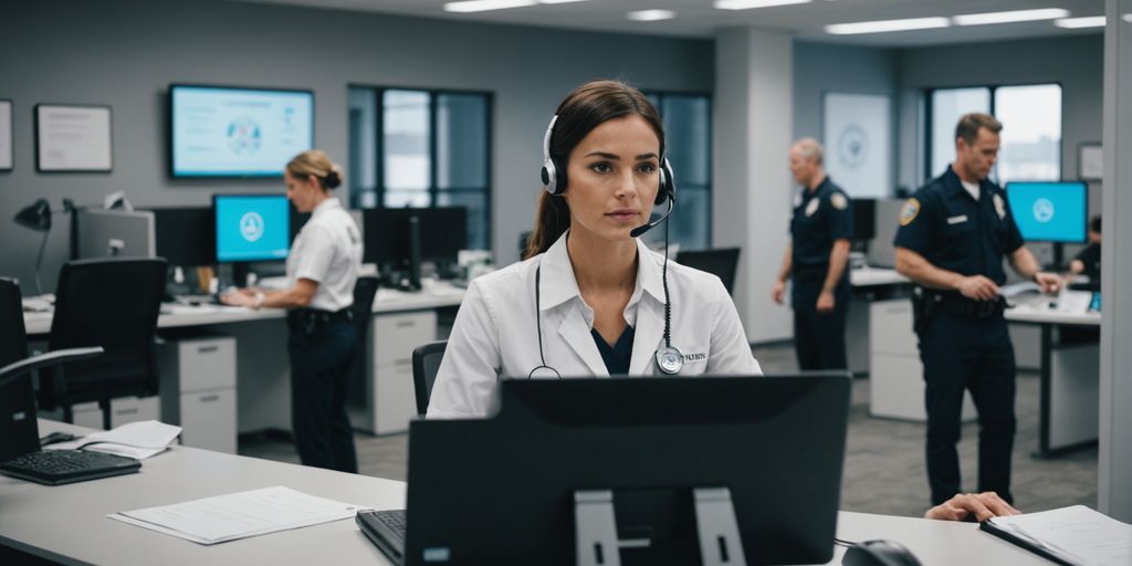 AI receptionist aiding during an emergency in a modern office.