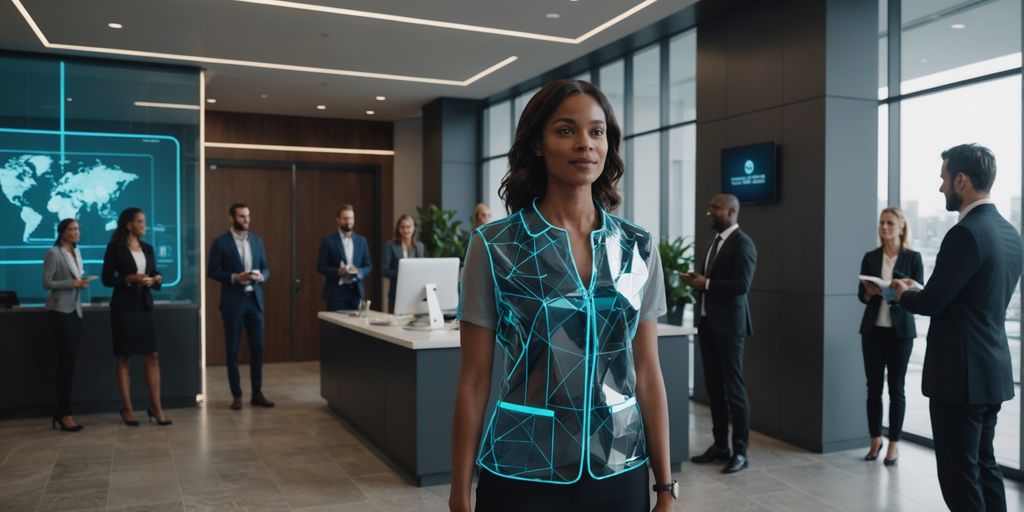 AI receptionist in a modern office lobby