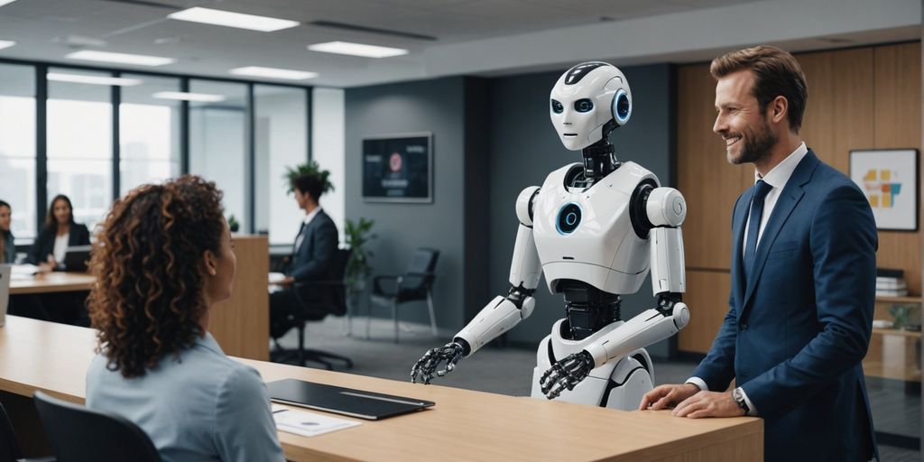 AI robot receptionist in a modern office.