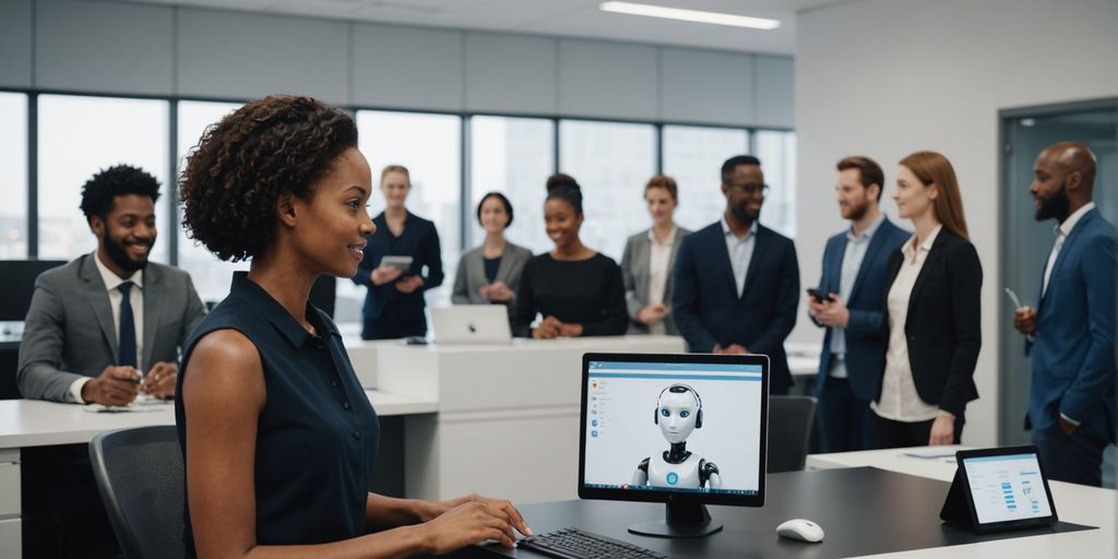 AI robot receptionist in modern office