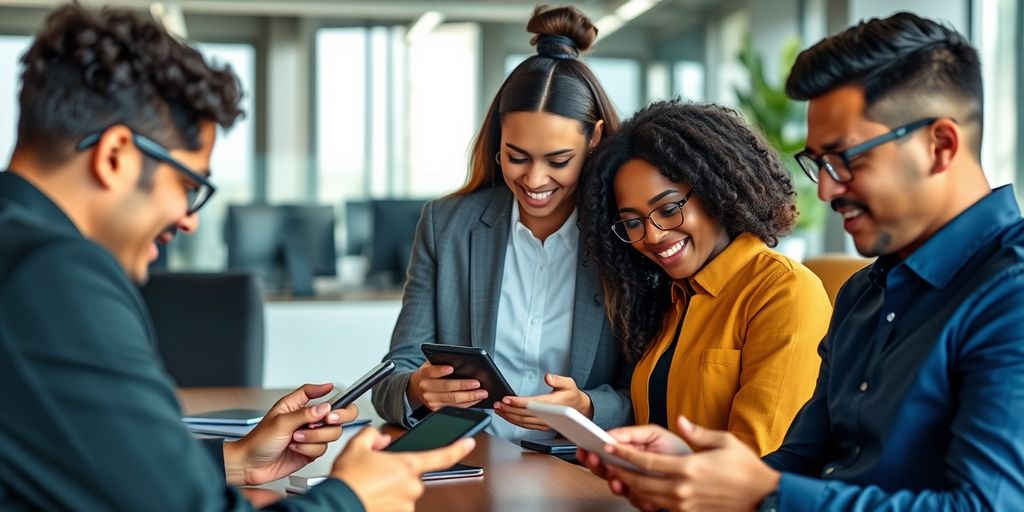 Employees using AI tools in a modern office.