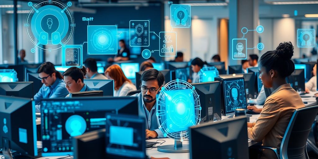 Office with employees and AI holograms assisting.