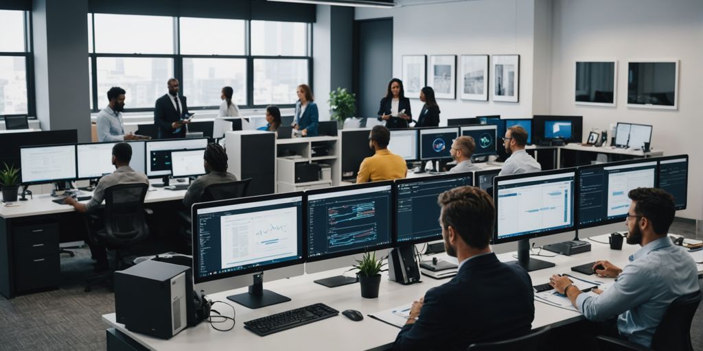 Office with diverse employees using AI technology.