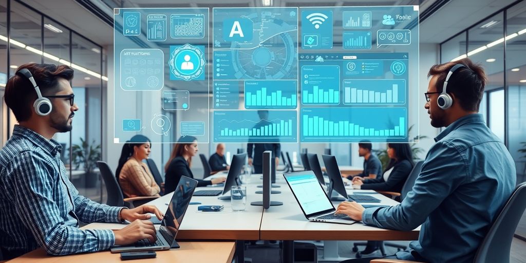 AI holograms managing tasks in a modern office