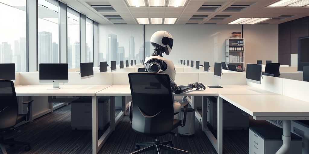 Robot working at a computer in an empty office.