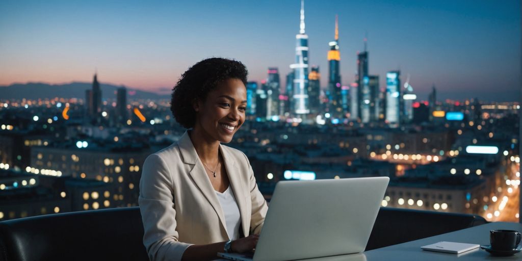 Person smiling with laptop, futuristic cityscape.