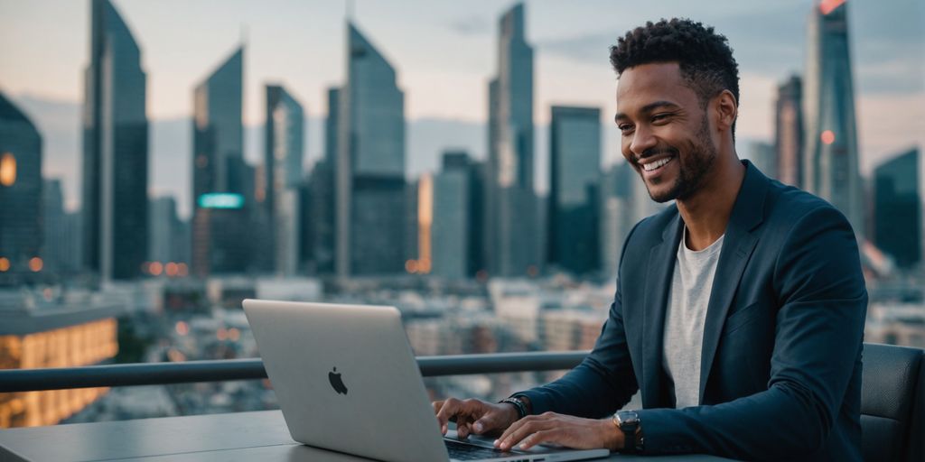 Person smiling using laptop with futuristic cityscape.
