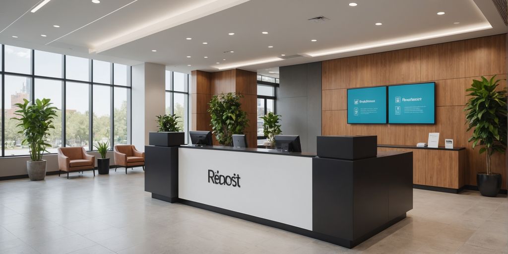 Modern office lobby with AI receptionist and plants.