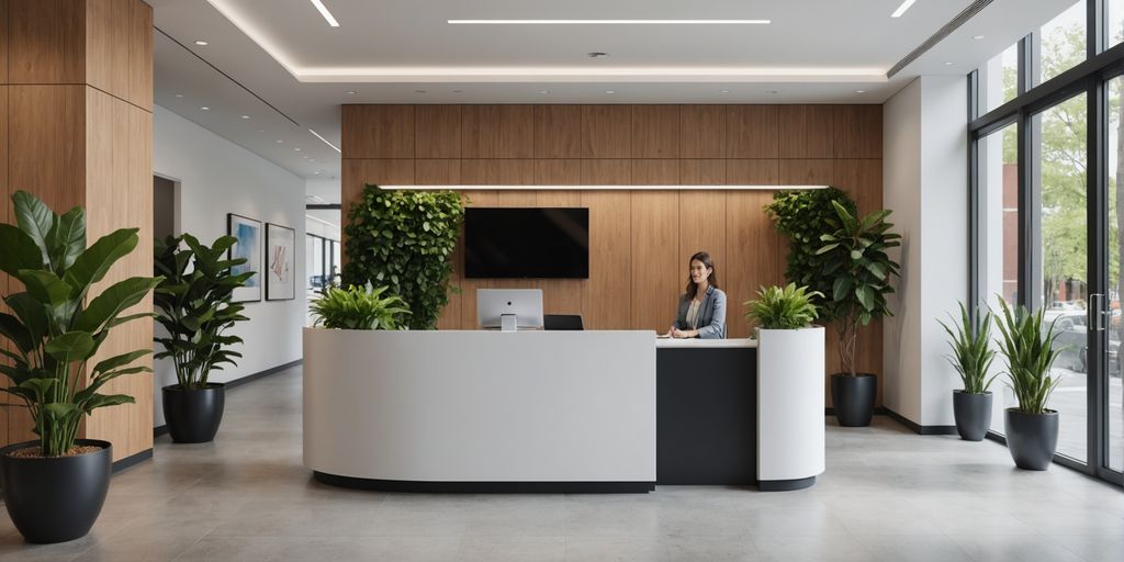Modern office lobby with AI receptionist and cozy seating.