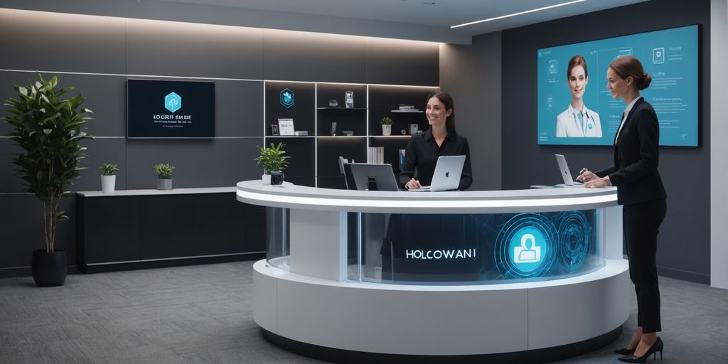 AI receptionist hologram assisting visitor in modern office.