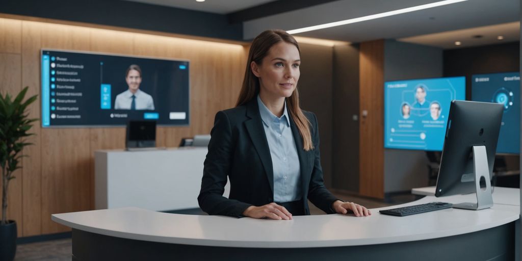 AI receptionist assisting businesswoman in modern office.