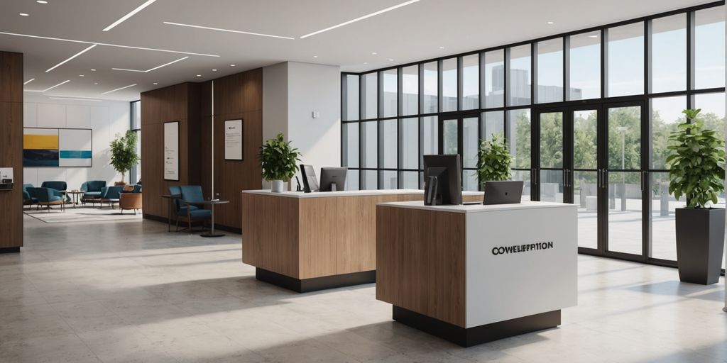Modern office lobby with AI receptionist kiosk.