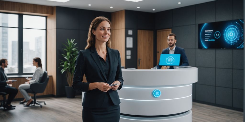 AI receptionist assisting visitor in modern office