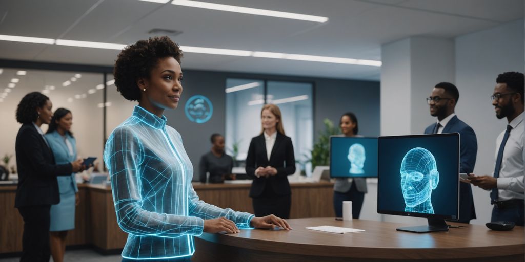 AI receptionist assisting clients in office reception.