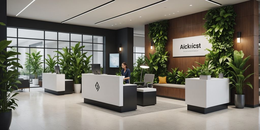 AI receptionist in a modern, plant-filled office lobby.