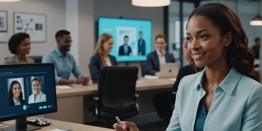 AI receptionist hologram with clients in office.
