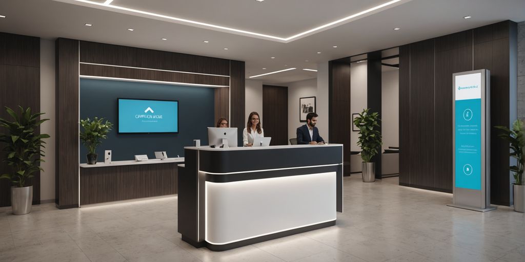 AI receptionist kiosk in a modern office lobby