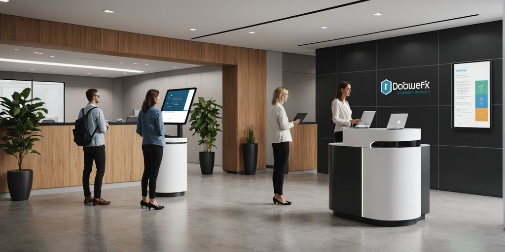 AI receptionist kiosk in a modern office lobby