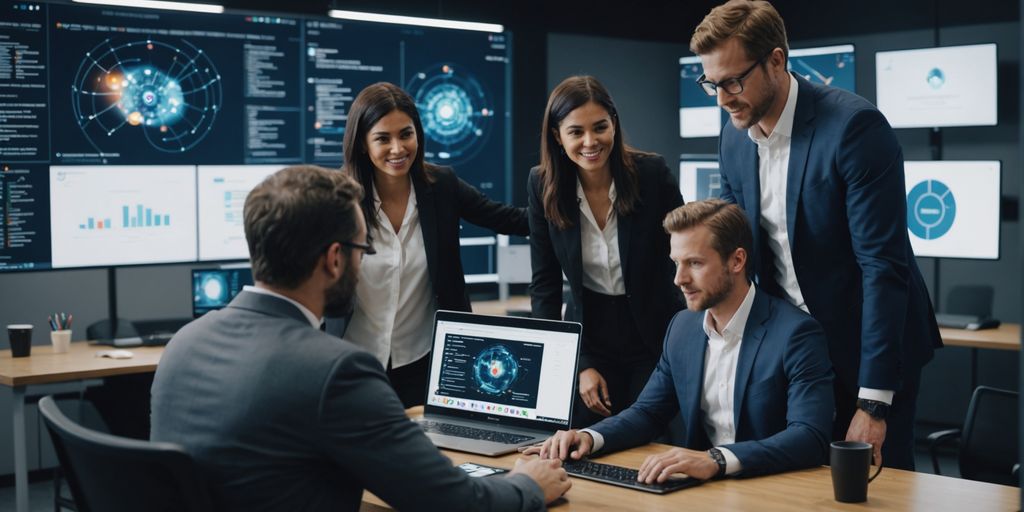 Team collaborating on AI technology in office.