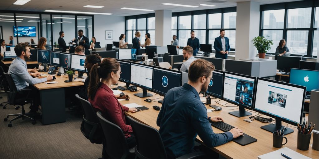 Professionals collaborating in a modern office.