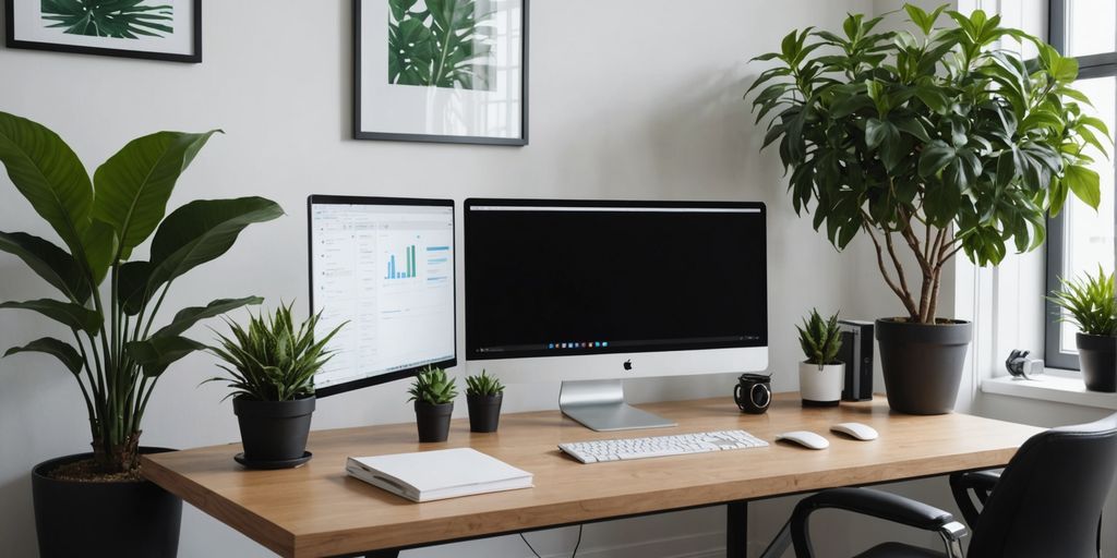 Office desk with computer and AI software