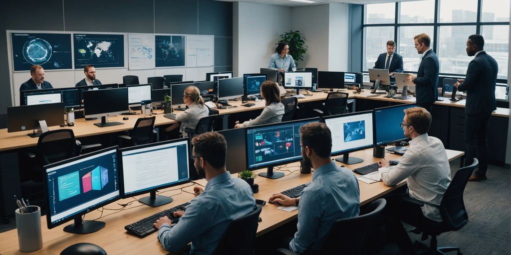 Team collaborating on AI technology in modern office.