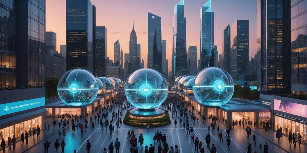 AI holograms in futuristic city interacting with people.