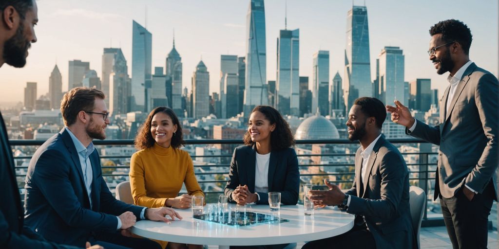 People discussing with a futuristic cityscape behind.