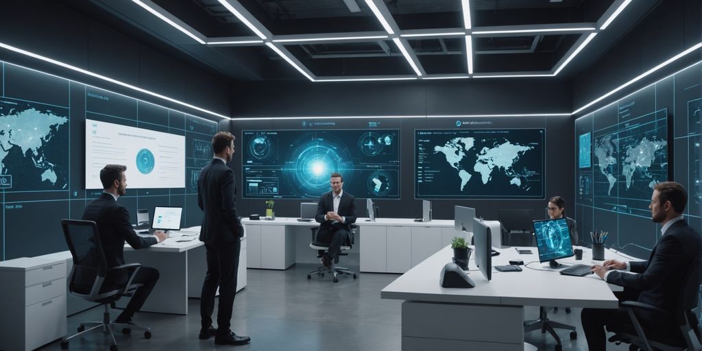 AI holograms in futuristic office with professionals