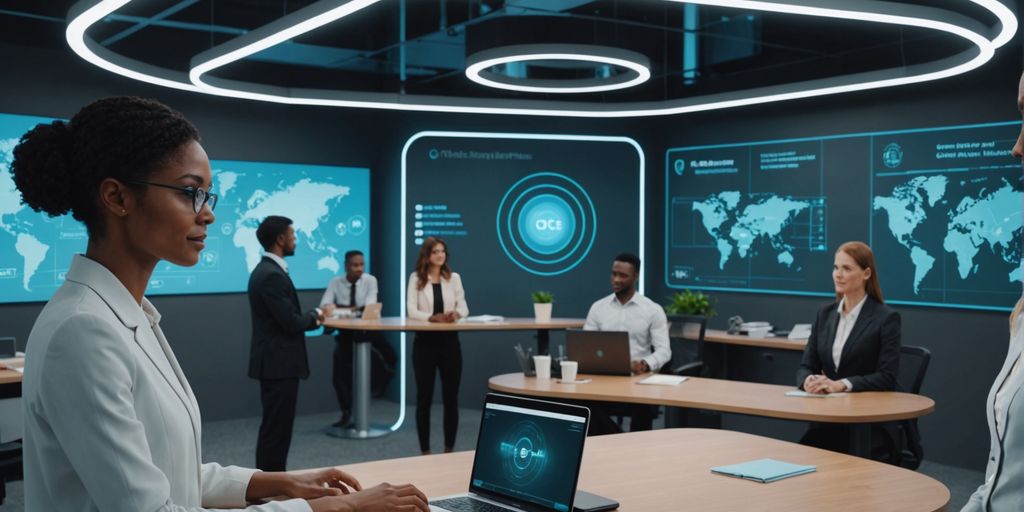 Virtual receptionist hologram in a modern office